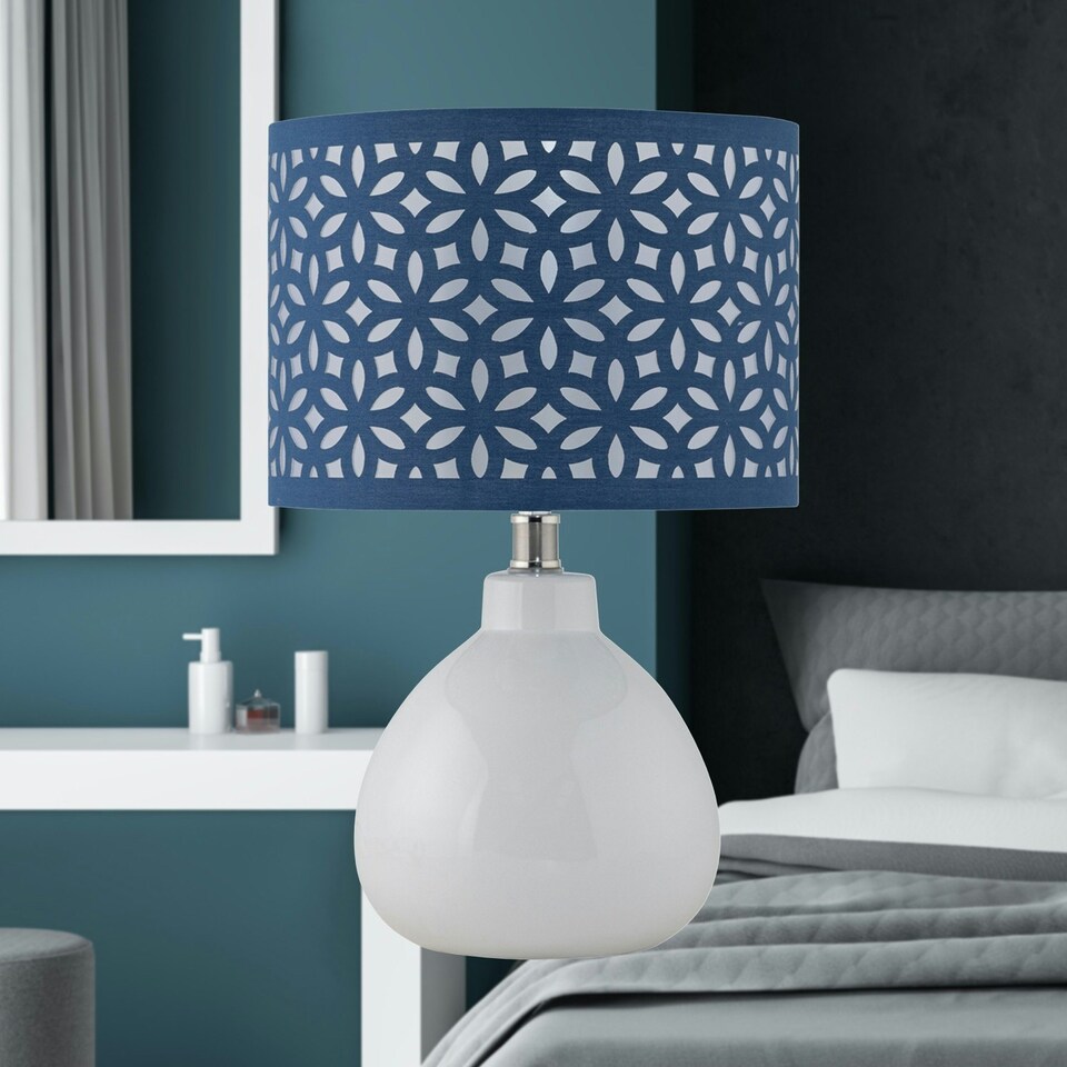 image 1 of First Choice Lighting Set of 2 Tuscan White Ceramic Lamps with Navy Blue Cut Out Shade White | Blue