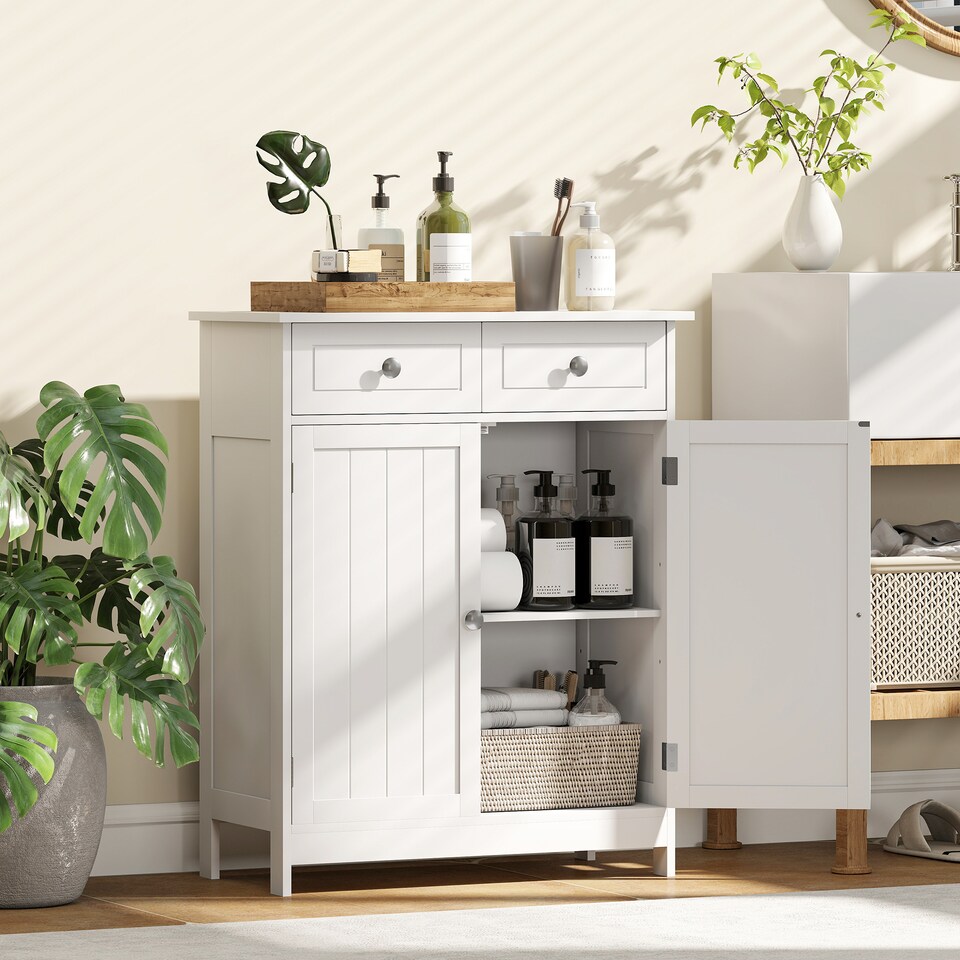 image 1 of kleankin 75x60cm Freestanding Bathroom Storage Cabinet Unit w  2 Drawers Cupboard Adjustable Shelf Metal Handles Traditional Style White