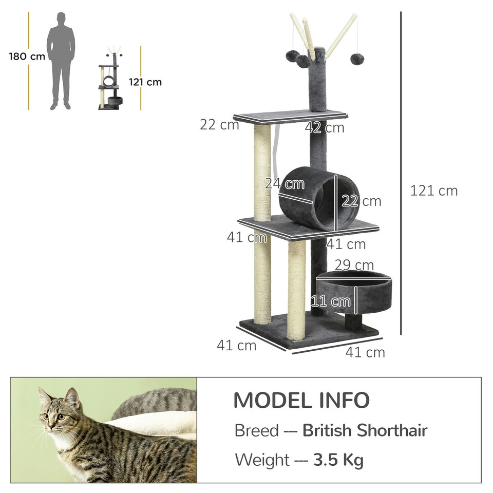 image 1 of PawHut 121cm Cat Tree Tower Activity Centre with Scratching Post Grey