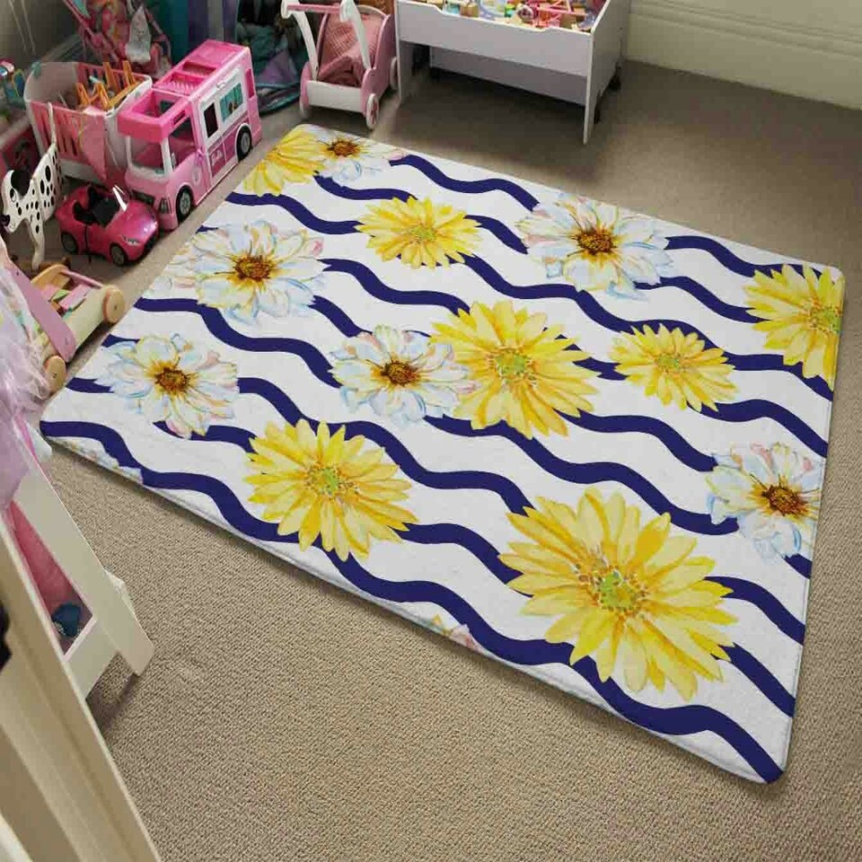 image 1 of Bright Yellow Flowers & Zig Zags (Rug) Yellow | Large: 140x200cm