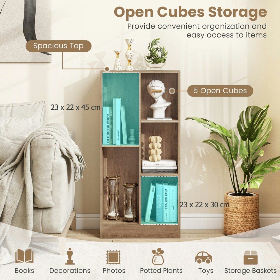 image 1 of COSTWAY 5-Cube Bookcase Wooden Storage Organizer White Yellow