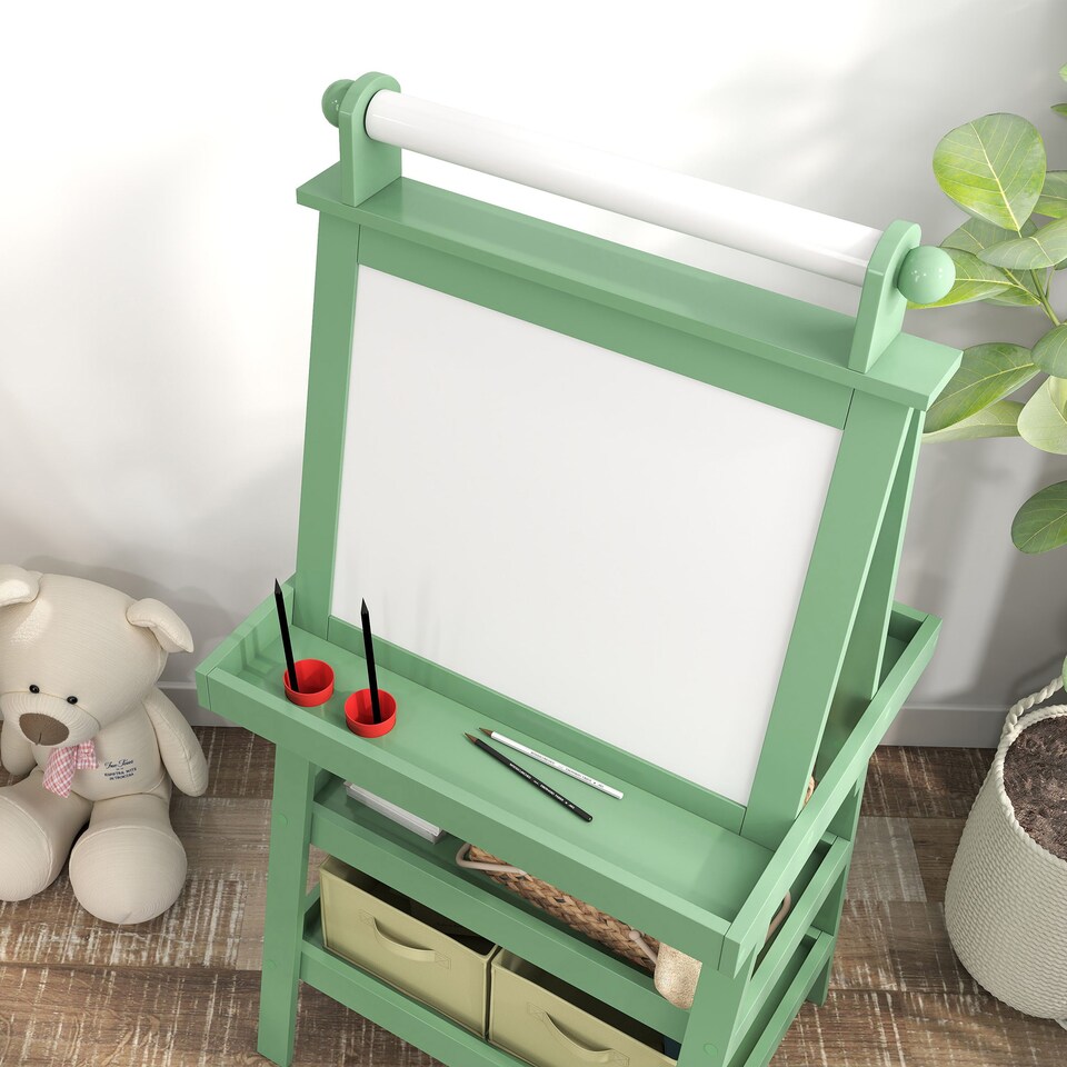 image 1 of AIYAPLAY Art Easel for Kids with Paper Roll, 3 in 1 Kids Easel Double-Sided Magnetic Whiteboard and Chalkboard with Storage Baskets, for Children 3-6 Years | Green | Green