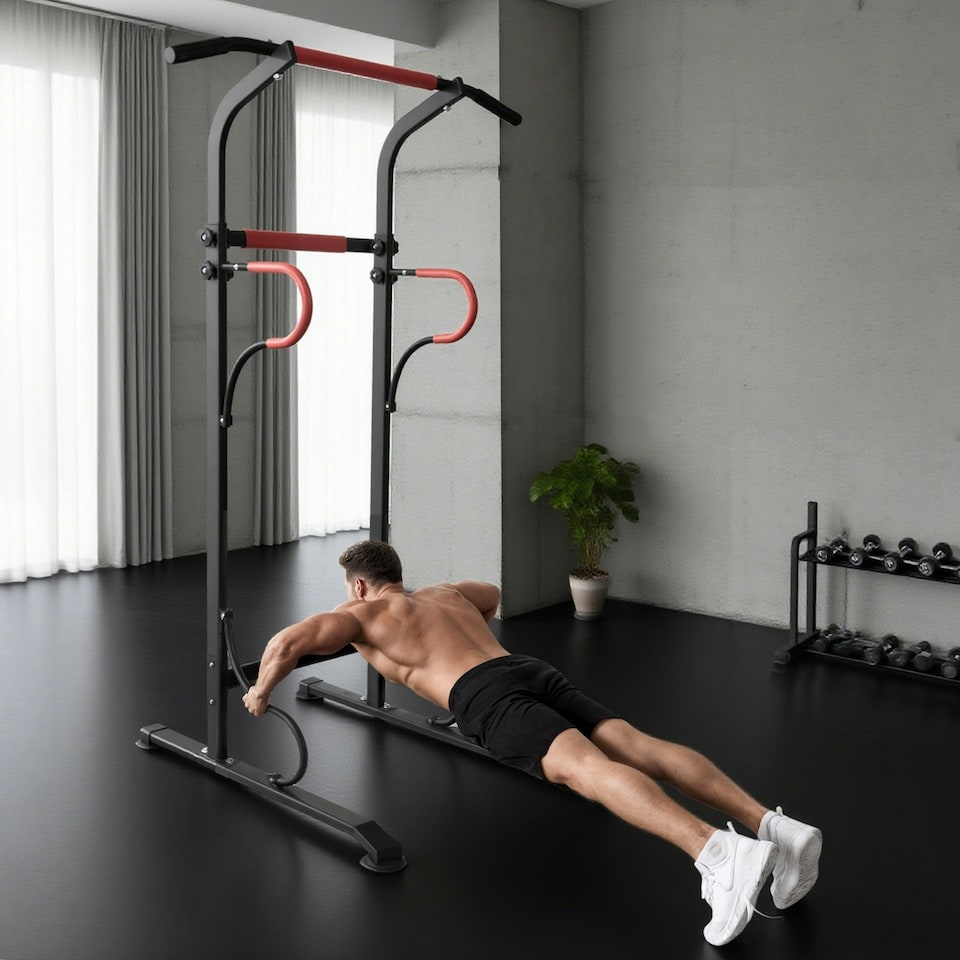 image 1 of HOMCOM Steel Multi-Use Exercise Power Tower Station Adjustable Height w/ Grips