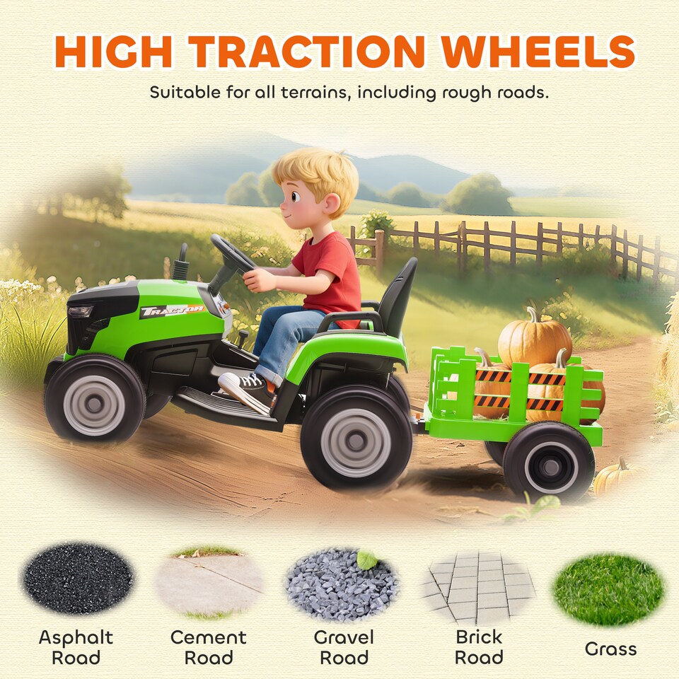 image 1 of AIYAPLAY Ride on Tractor with Trailer, 12V Electric Vehicle with Remote Control, Ride on Car for Kids with Music, Shifter, Start-Up Sound for Ages 3-8 Years | Green