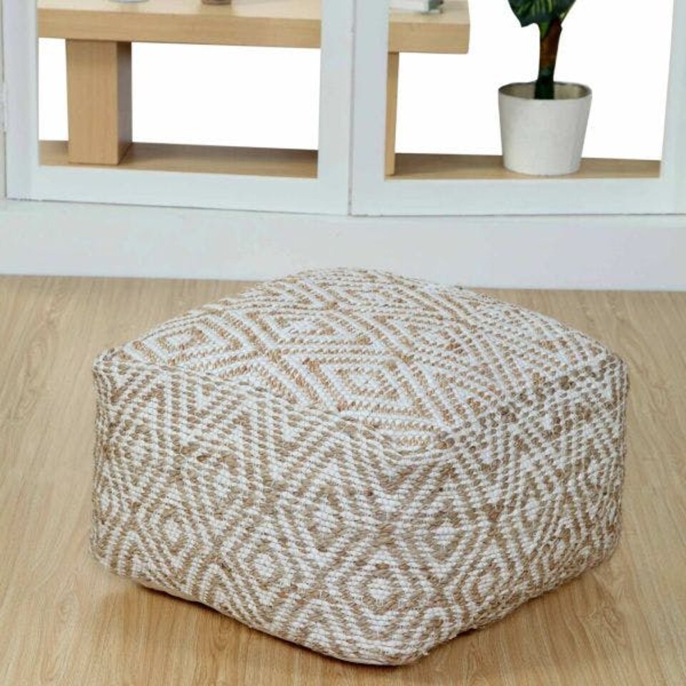 image 1 of Homescapes Sierra Natural Diamond Pattern Jute Square Bean Filled Pouffe - 60 cm