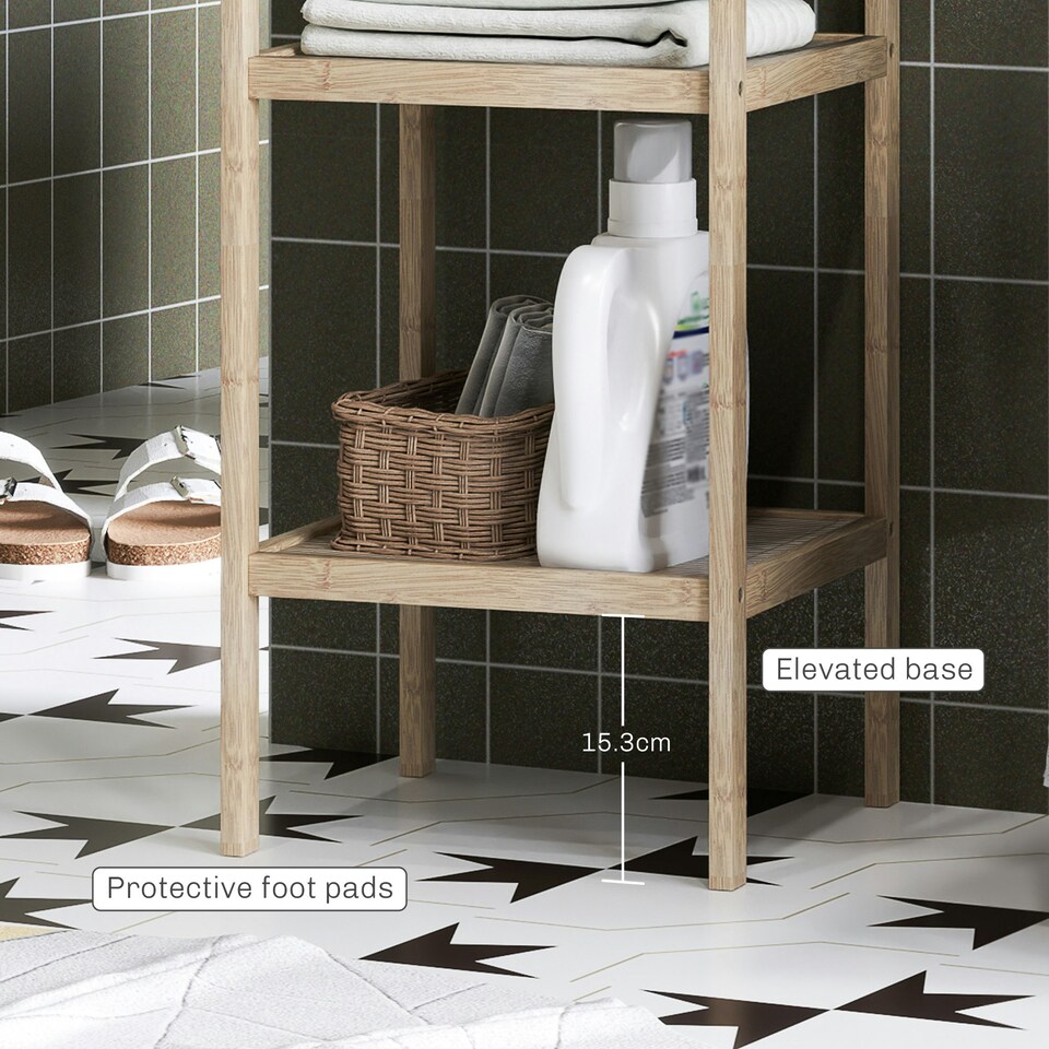 image 1 of 4-Tier Bathroom Storage Shelving Unit, Freestanding Bamboo Shelves, Natural Yellow