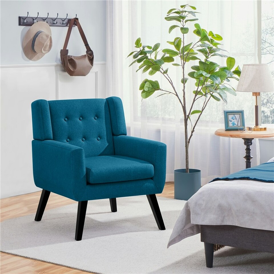 image 1 of Yaheetech Linen Fabric Accent Chair with Wood Legs Removable Cushion Blue | Navy Blue
