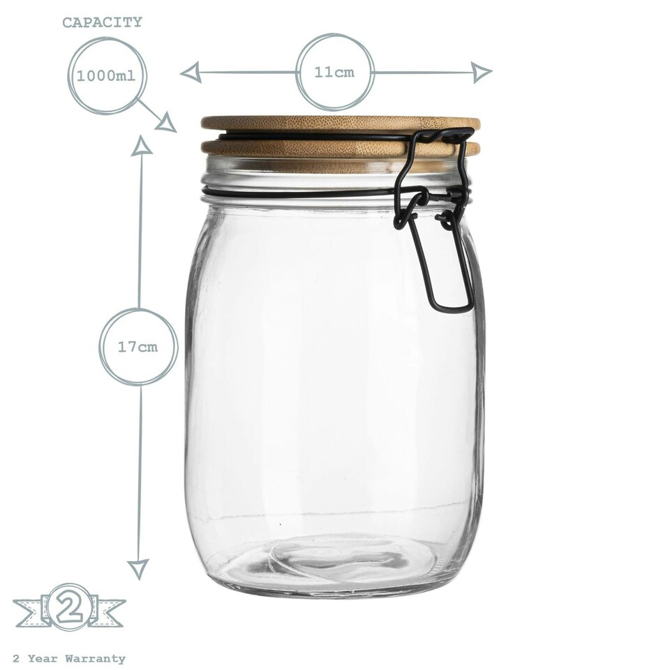 image 1 of Argon Tableware Wooden Clip Lid Storage Jars - 1 Litre - Clear Seal - Pack of 3