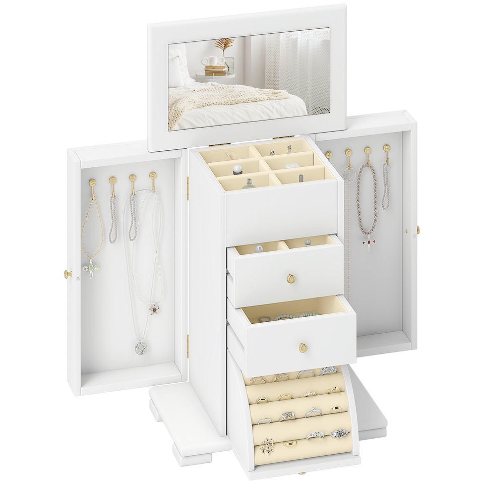 image 1 of HOMCOM 4-Tier Large Jewellery Box with Mirror and 3 Drawers, White