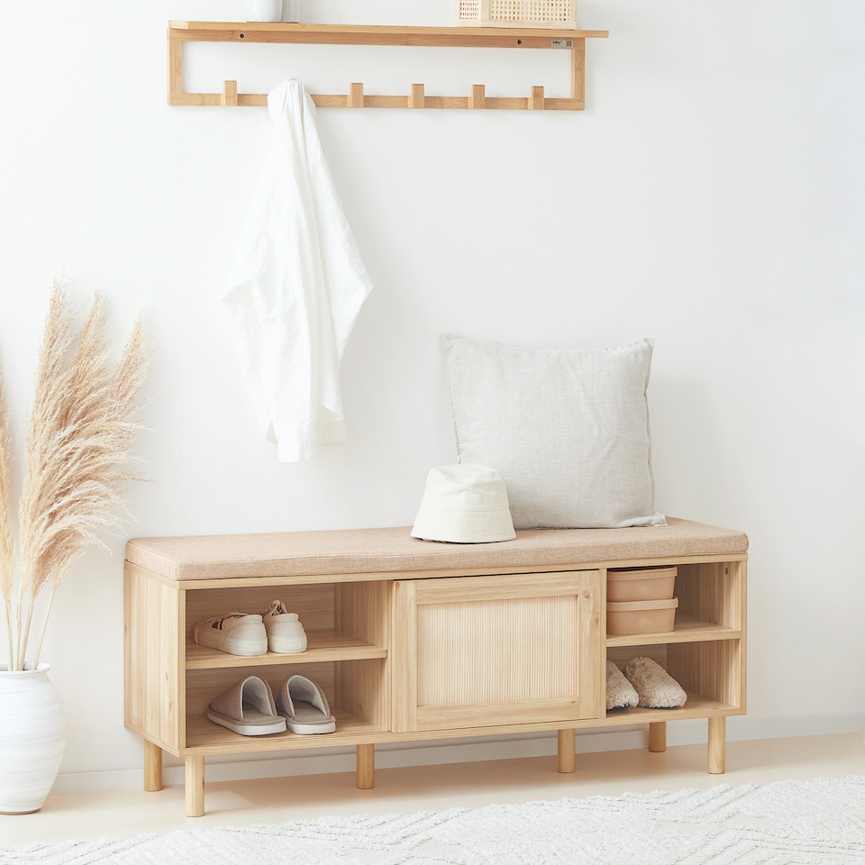 image 1 of SoBuy Wooden Shoe Storage Bench with Seat Cushion, Natural, 47.6x13.8x19.3 in, 20.6 kg - FSR163-N