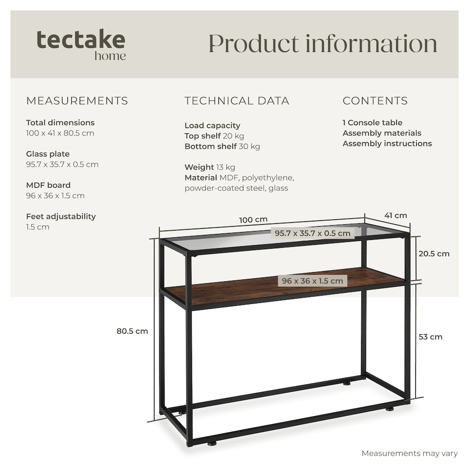 image 1 of Console Table Kilkenny - 2 shelves, with glass top surface | Brown | Industrial wood dark, rustic | 100 x 41 x 80,50 cm | 1