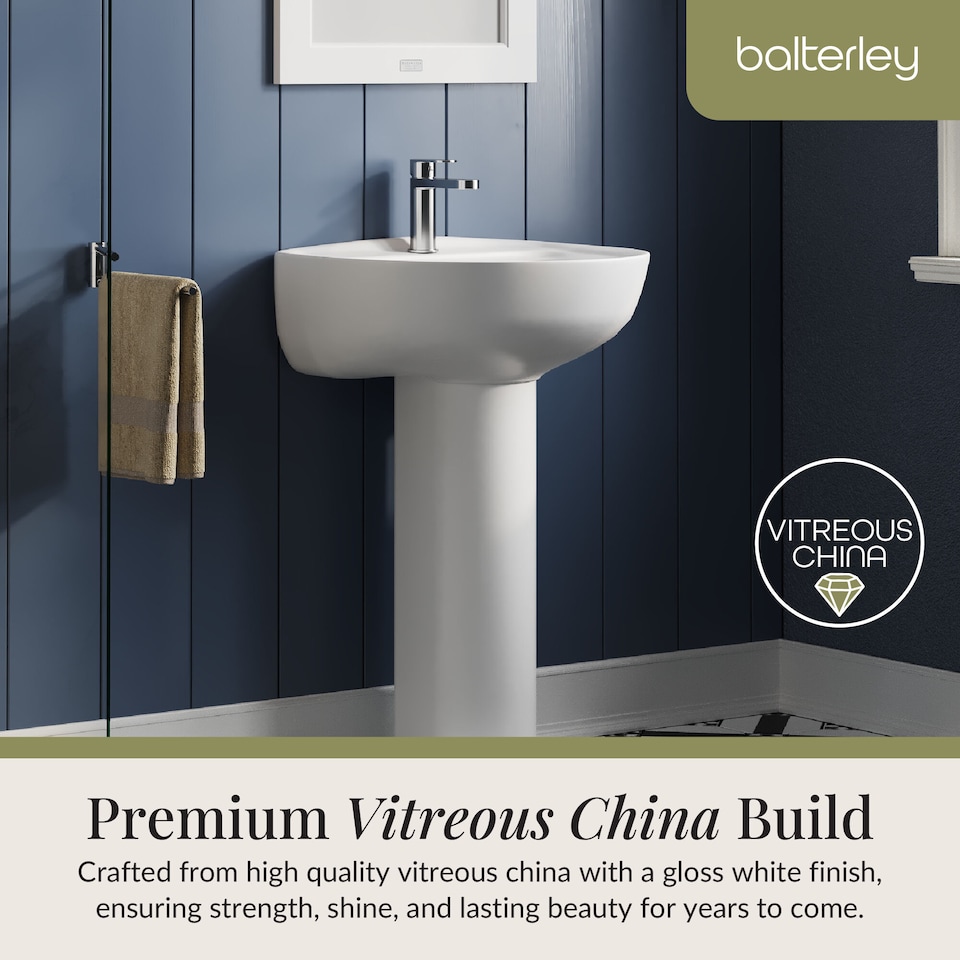 image 1 of Balterley Adley Round 1 Tap Hole Ceramic Basin with Full Pedestal Bathroom Sink Tap Not Included | White | White