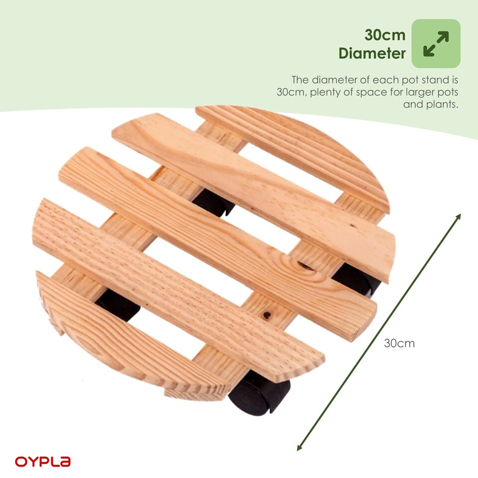 image 1 of Set of 2 30cm Wooden Plant Flower Pot Mobile Mover Trolley Stands