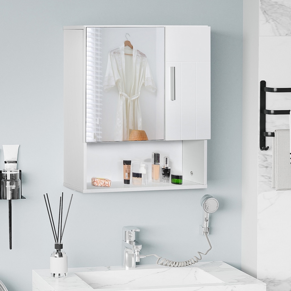 image 1 of kleankin Bathroom Mirror Cabinet Wall Mount Storage Organizer w/ Door, White