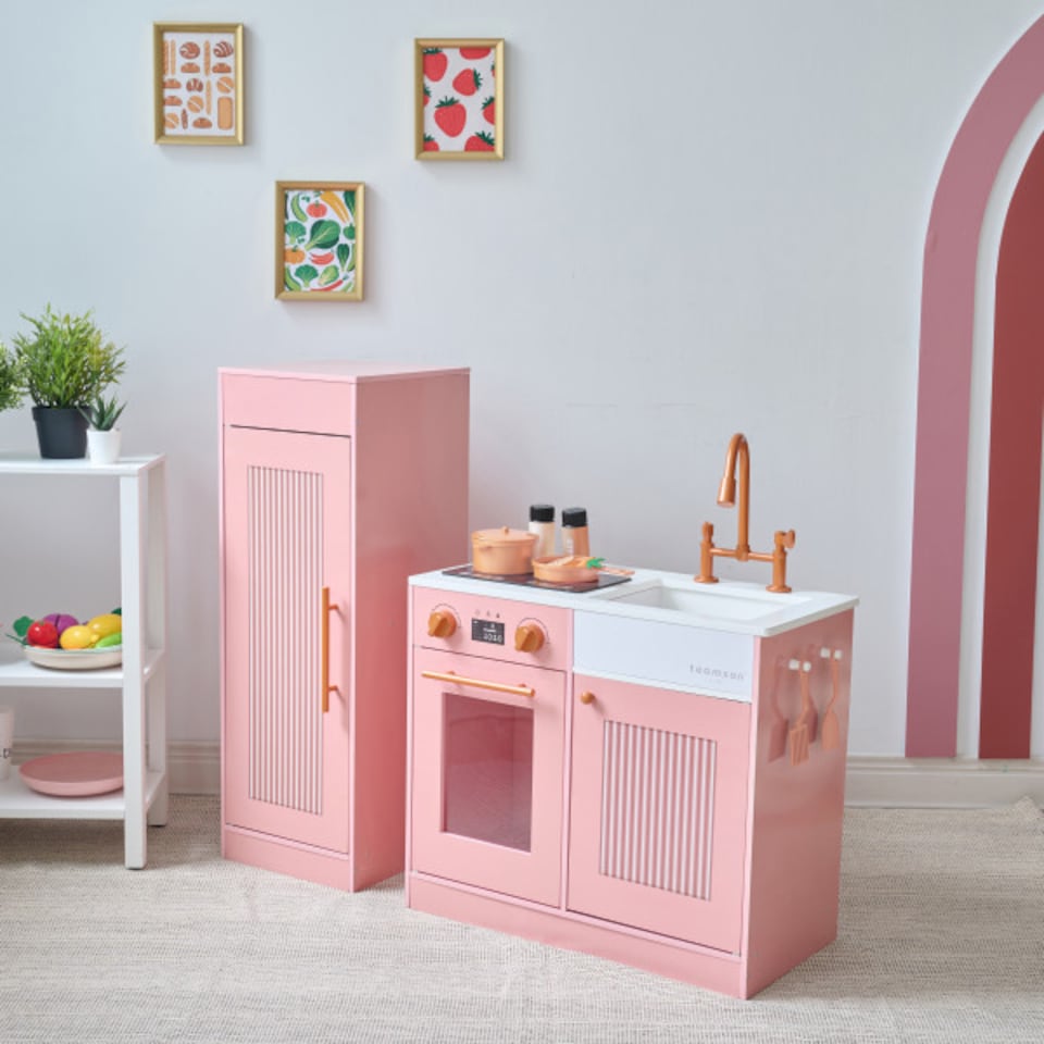 image 1 of Teamson Kids Little Chef Chester Play Kitchen in Peach with Fridge, Stove, 12 Accessories, Shelves & Hooks