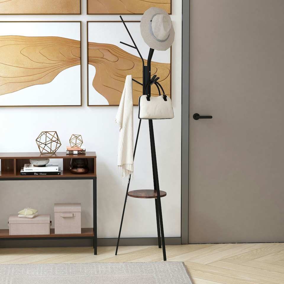 image 1 of HOMCOM 180cm Free Standing Coat Rack Metal Shelf Holder Stand Hat Hanger Brown