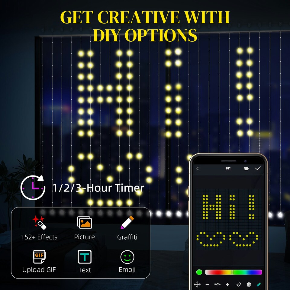 image 1 of HOMCOM Smart LED Curtain Lights, Dynamic DIY Fairy Lights, 3x3(m)