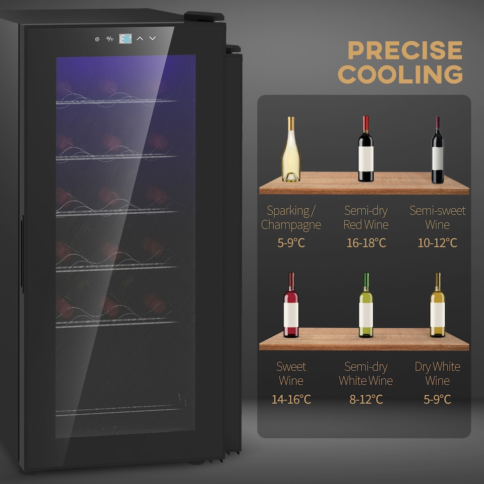image 1 of HOMCOM 50L Wine Cooler, 18 Bottles, 5-18degree Freestanding Wine Fridge with Glass Door, LED Light, Temperature Control and Digital Touch Screen, Black