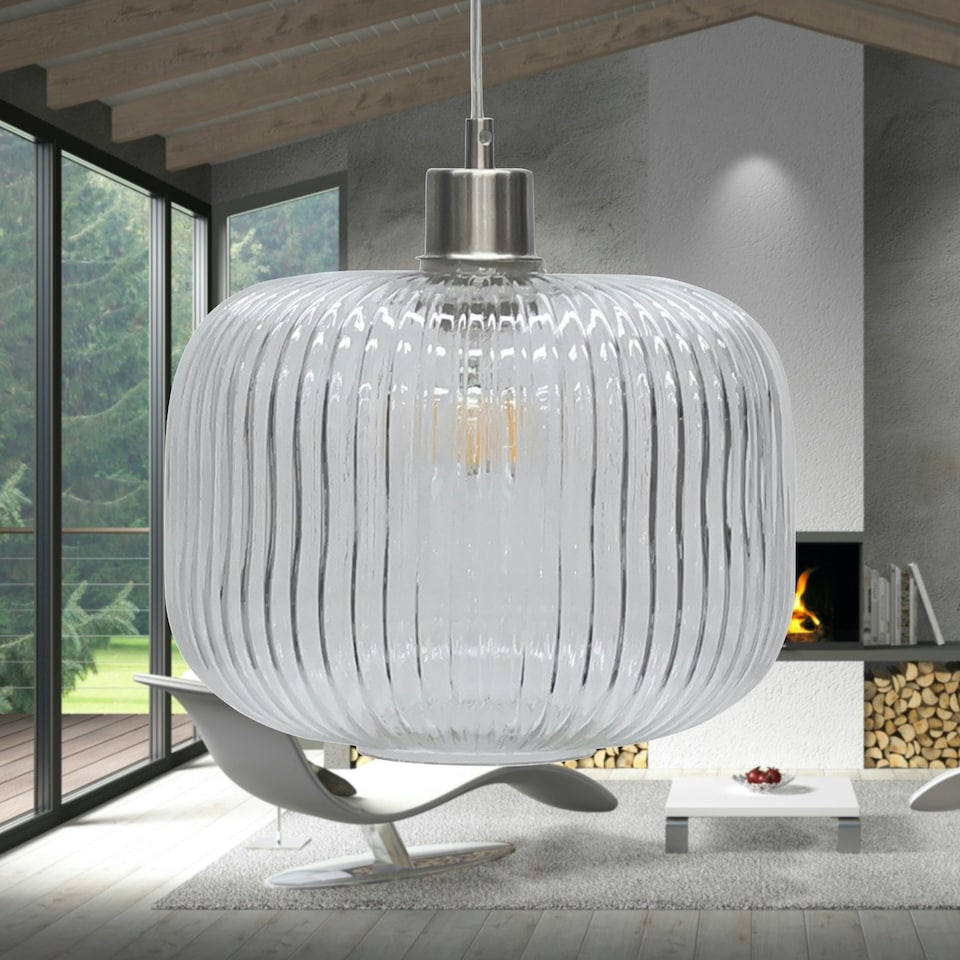 image 1 of First Choice Lighting Batley Large Clear Ribbed Glass with Satin Nickel Pendant Fitting Silver | Clear