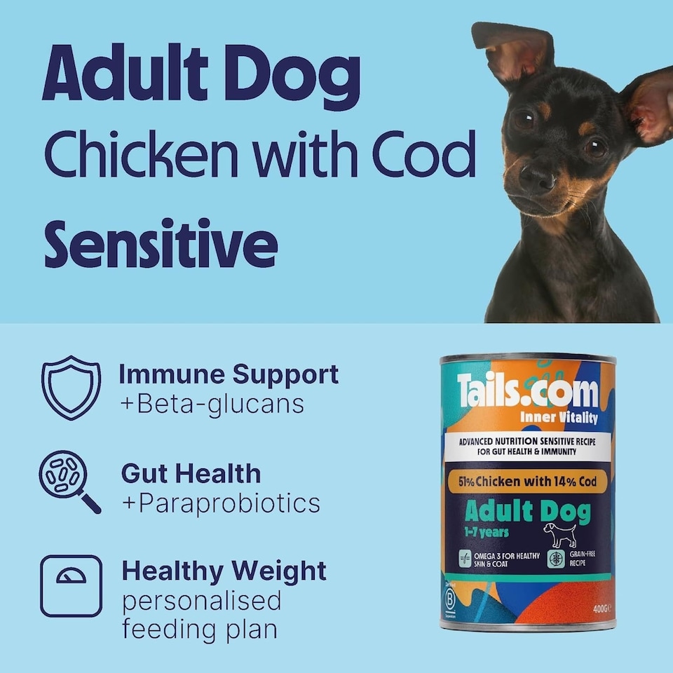 image 1 of Tails.com Inner Vitality Wet Dog Food Can Sensitive Adult Chicken & Cod 6 x 400g