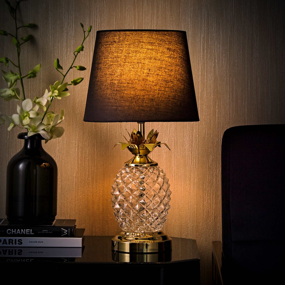 image 1 of ValueLights Contemporary Pineapple Design Gold And Clear Table Lamp With Black Shade