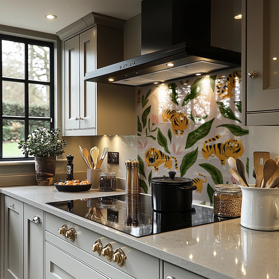 image 1 of Cute tigers and tropical leaves and flowers Designer Splash Back | White