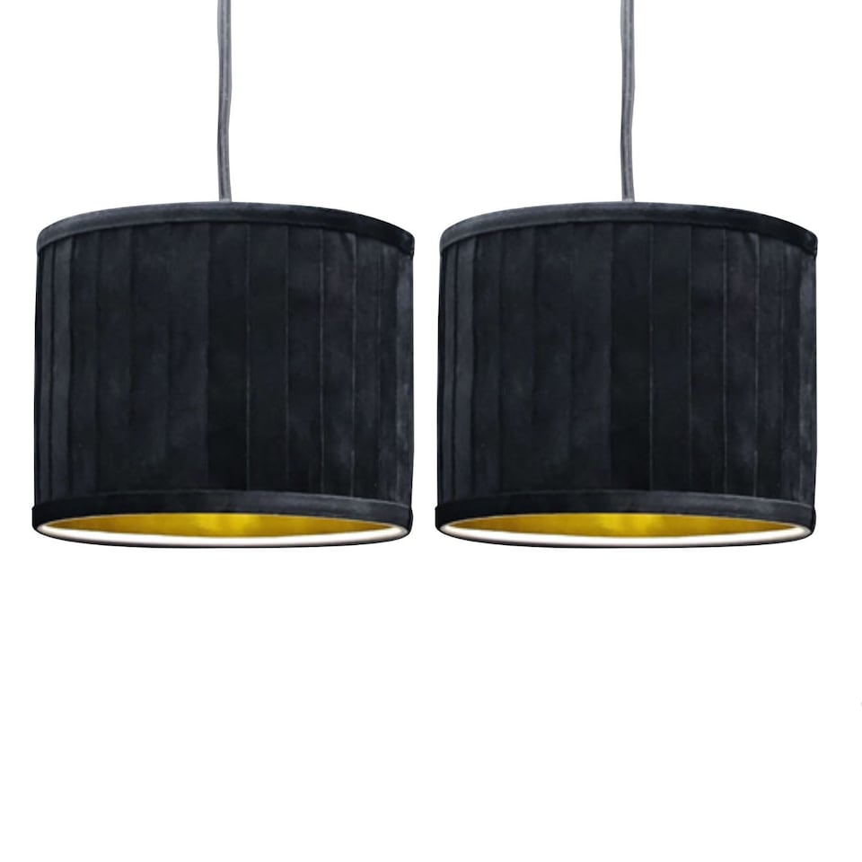 image 1 of Set of 2 Sundance - Black Velvet Pleated 25cm Lamp Shades with Gold Inner | Black | Gold | Medium | 2