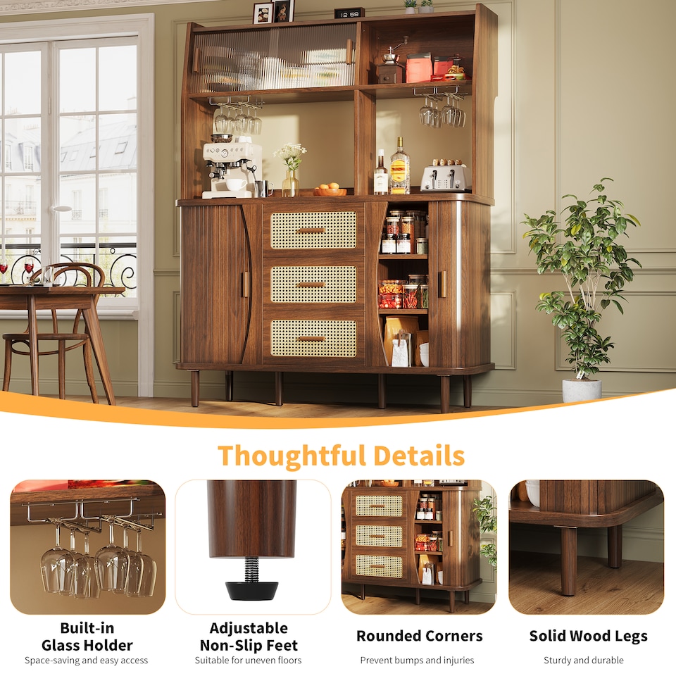 image 1 of VILUXE Tall Kitchen Storage Cabinet with Rattan-Effect Drawers and Glass Sliding Doors, 140 cm, Walnut