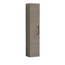 Modern Bathroom Wall Hung 1 Door Tall Storage Unit -Woodgrain Mid Oak with Black Handle, 1433 x 300 x 235mm | Brown | Solace Oak | 260 x 300 x 1435mm
