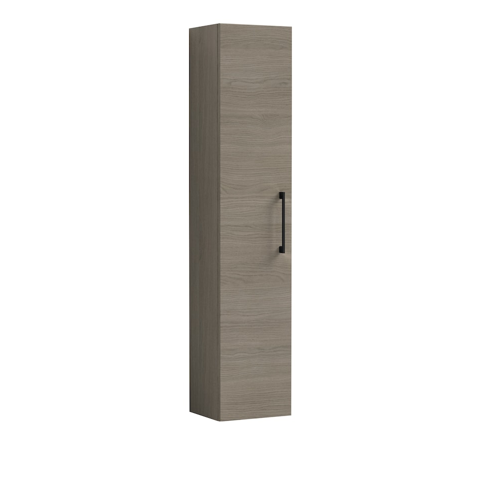 Modern Bathroom Wall Hung 1 Door Tall Storage Unit -Woodgrain Mid Oak with Black Handle, 1433 x 300 x 235mm | Brown | Solace Oak | 260 x 300 x 1435mm