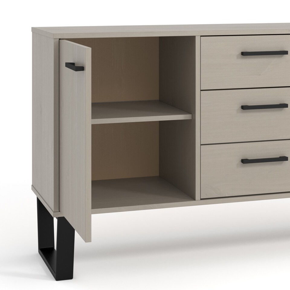 image 1 of Texas 1 Door 3 Drawer Sideboard in Antique Waxed Pine - Industrial Style with Metal Legs | Grey | Grey | One Size | 1