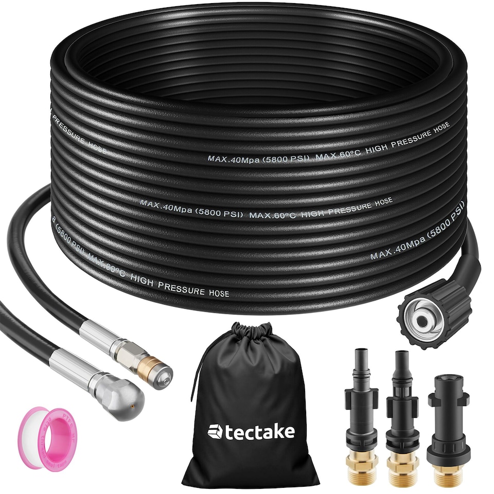 image 1 of Drain cleaning hose set including 2 nozzles and 3 adapters | Black | black | 30 m | 1
