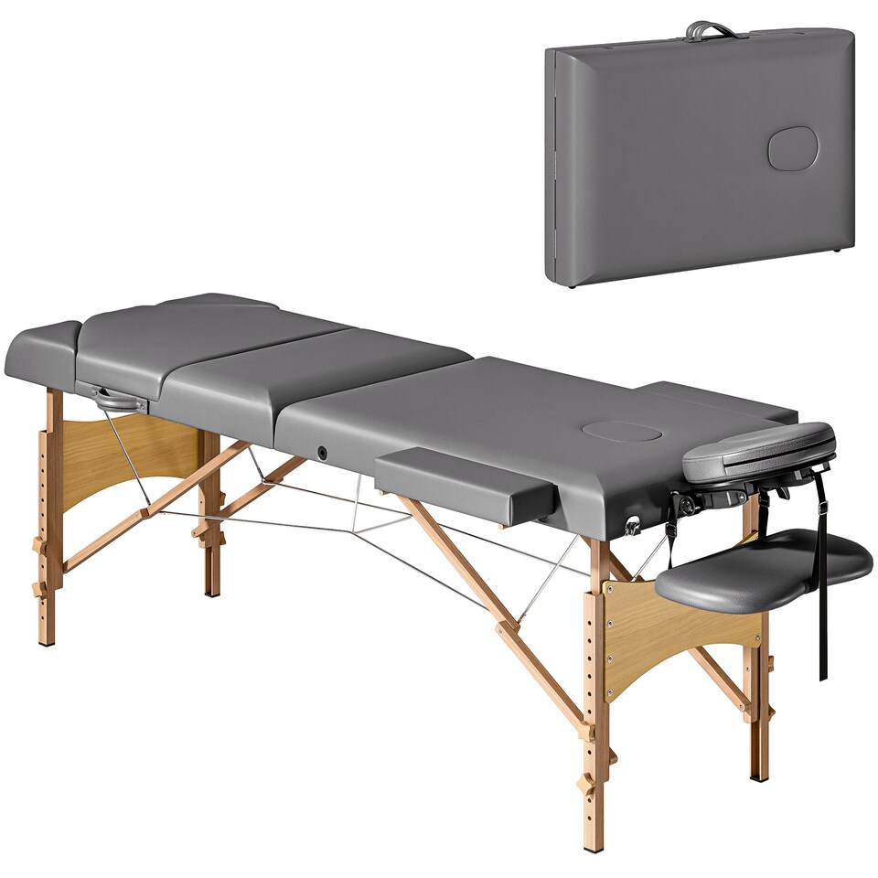 image 1 of HOMCOM Portable Massage Table, 3 Section Adjustable Beauty Bed, Wooden Foldable Massage Bed with Face Cradle, Padded Armrests for Spa, Lash, Tattoo, Grey | Grey | Grey
