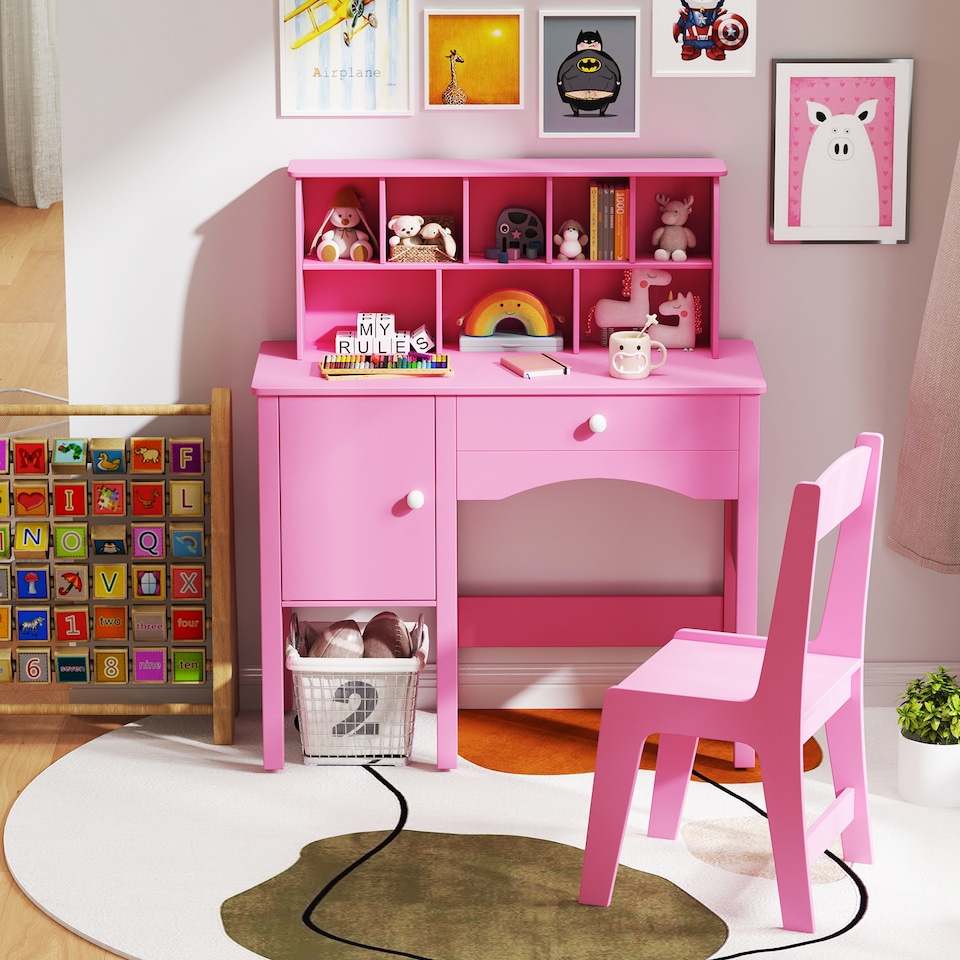 image 1 of COSTWAY Kids Study Desk and Chair Set Children Wooden Craft Table & Chair-Pink