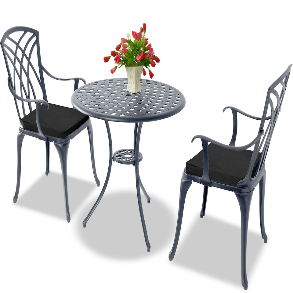 image 1 of Centurion Supports OSHOWA Luxurious Garden and Patio Table and 2 Large Chairs with Armrests Cast Aluminium Bistro Set - Grey with Black Cushions