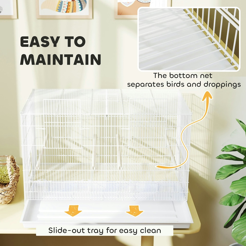 image 1 of PawHut Bird Cage with Divider, 4 Wooden Perches, Slide Out Tray, White