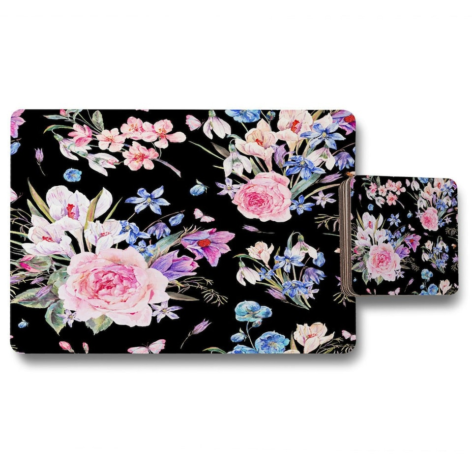 image 1 of Bright Pink Flowers on Black (Placemat & Coaster Set)