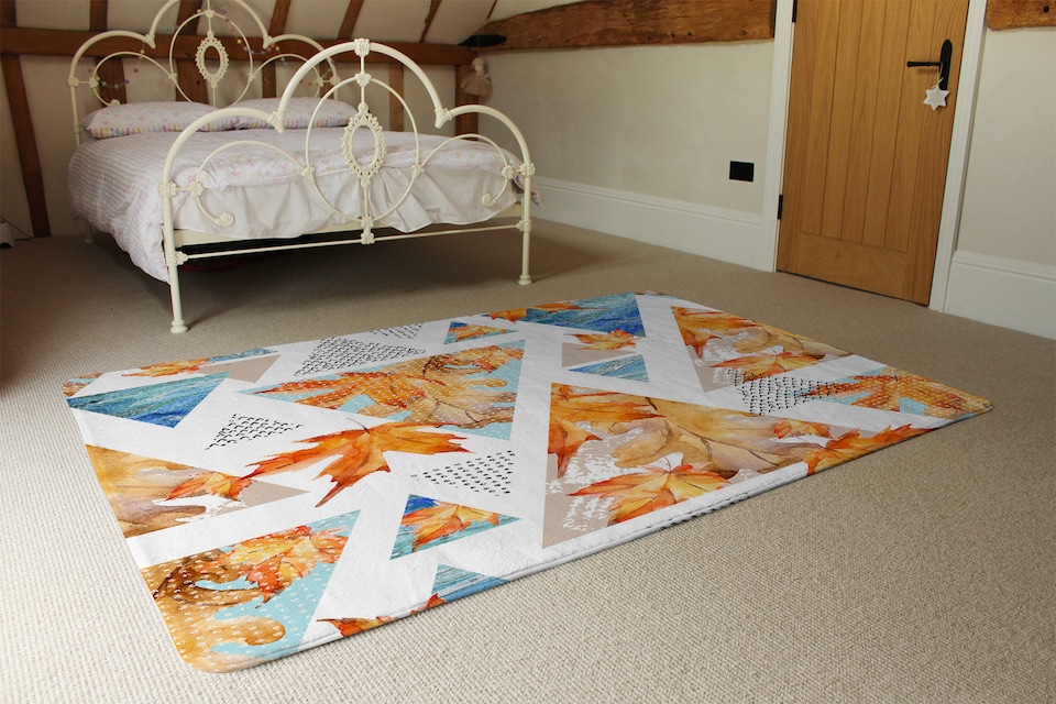 image 1 of Autumn Geometrics With Maple Leaves Rug | Multi