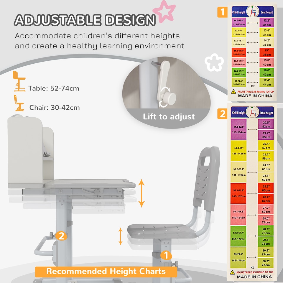 image 1 of ZONEKIZ Kids Desk and Chair Set, Height Adjustable Study Table for 6-12 Years | Grey