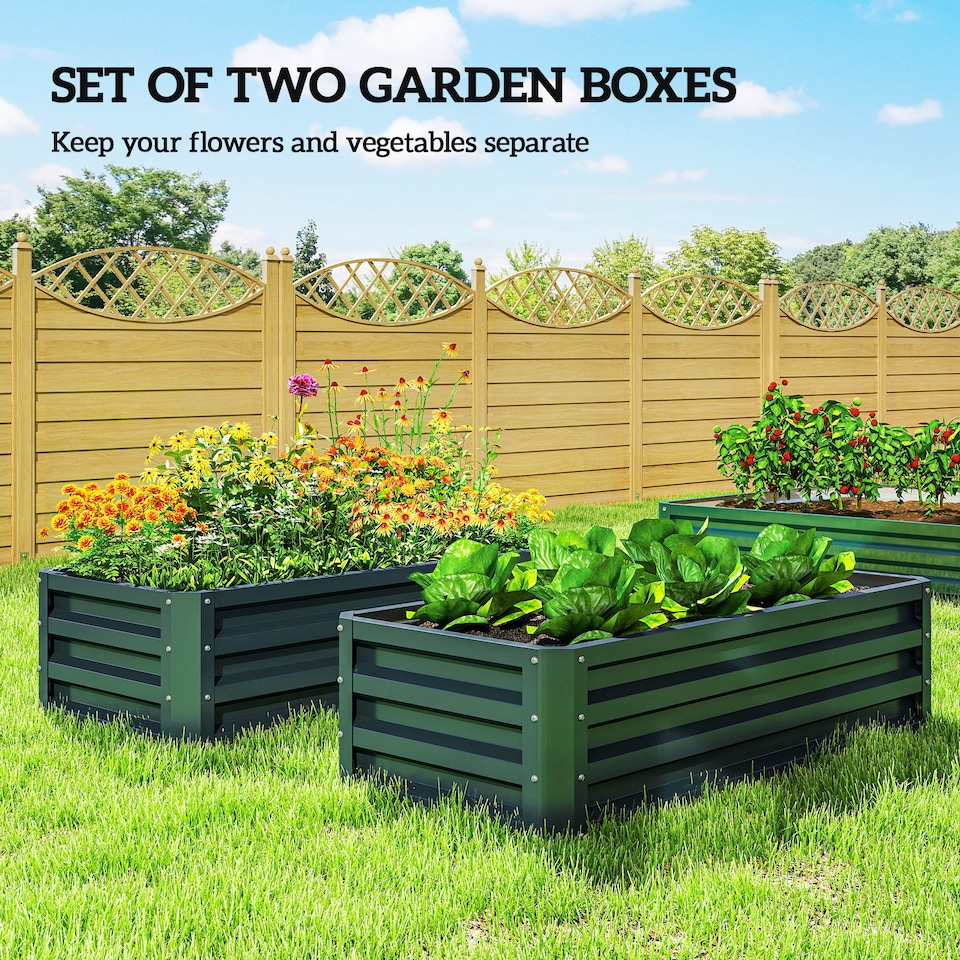 image 1 of Outsunny Set of 2 Raised Garden Bed Galvanised Planter Box, Green