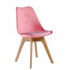Single Scandinavian Dining Chair with Leather Cushions Solid Wood Legs | Pink