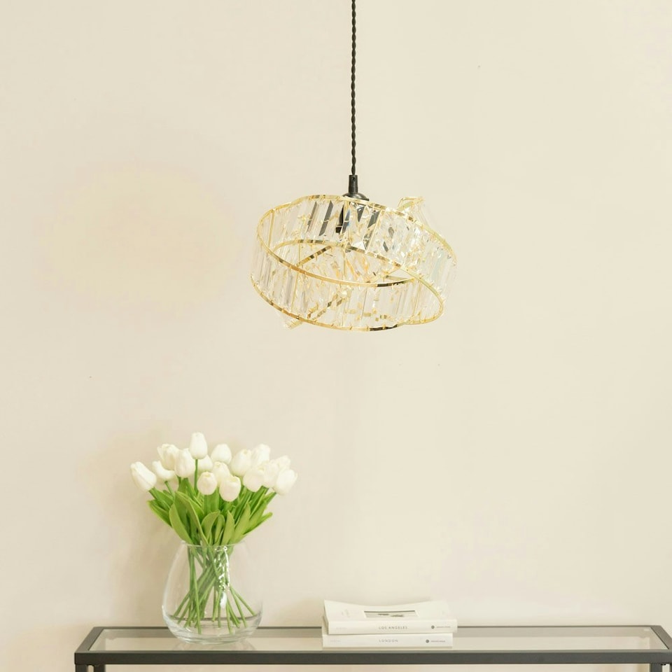 image 1 of ValueLights Hudson Pair of Acrylic Jewel Gold Intertwined Twisted Easy Fit Lamp Shades with LED Bulbs