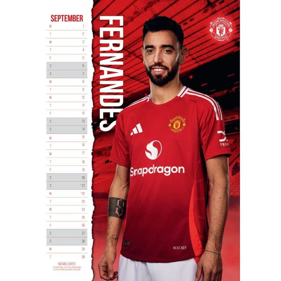 image 1 of Manchester United FC 2025 A3 Wall Calendar - Red/White/Yellow - One Size