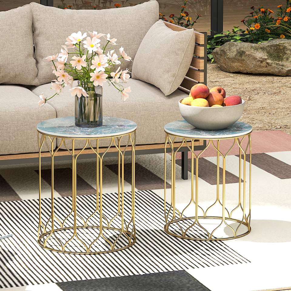 image 1 of Outsunny Round Coffee Table Set of 2, Modern Nesting Tables with Ceramic Tile Top, Small End Tables, Indoor Outdoor Side Table with Metal Frame for Living Room, Bedroom, Patio, Balcony, Multicoloured | Multi | Multicoloured
