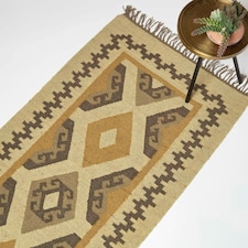 Homescapes Ravar Brown and Gold Kilim Runner Wool Rug - 80 x 180 cm | Brown | 80 x 180 cm