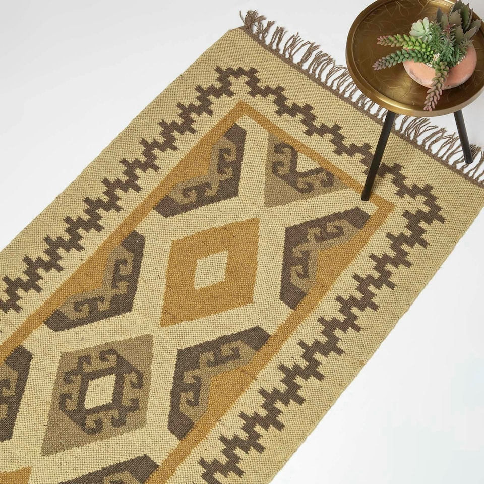 image 1 of Homescapes Ravar Brown and Gold Kilim Runner Wool Rug - 80 x 180 cm | Brown | 80 x 180 cm