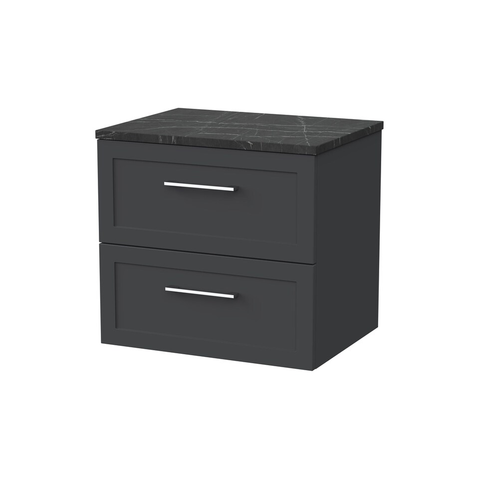 image 1 of Balterley Stonnall Traditional Wall Hung 2 Drawers Vanity Unit with Black Pietra Marble Laminate Worktop, 600mm, Dark Grey