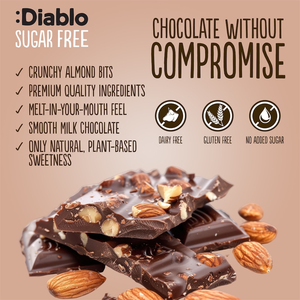image 1 of Diablo No Added Sugar Milk Chocolate with Almonds 75g