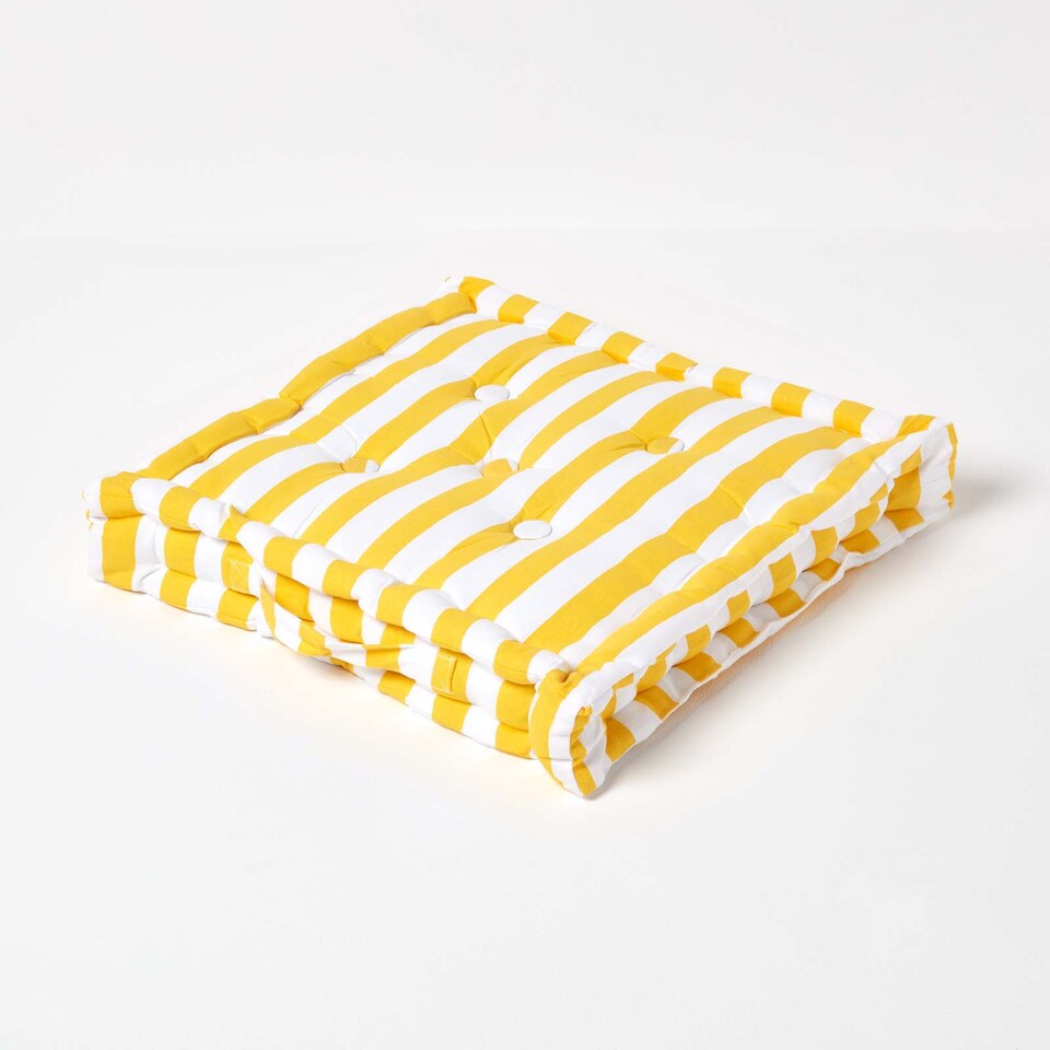 image 1 of Homescapes Cotton Yellow Thick Stripe Floor Cushion - 40 x 40 cm | Yellow | 40 x 40 cm