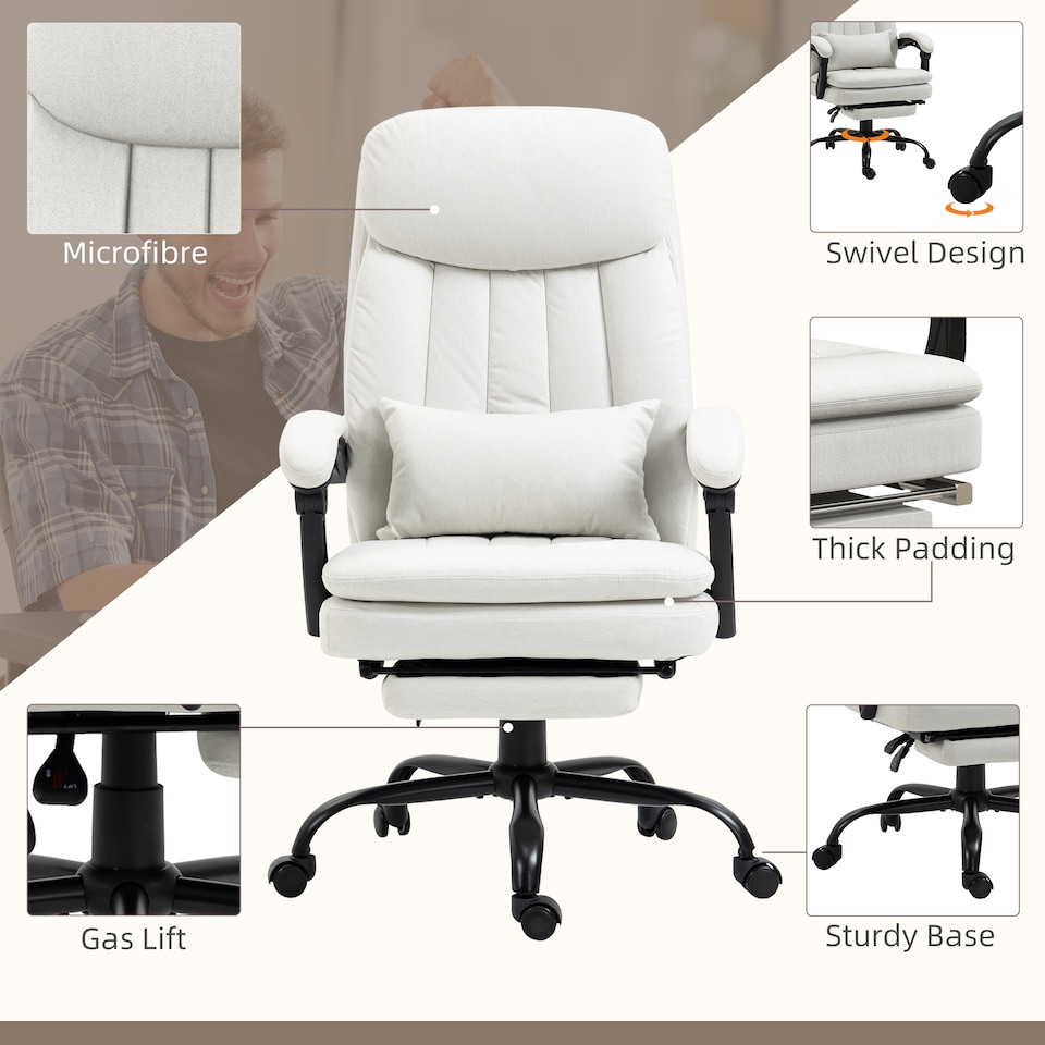 image 1 of Vinsetto Office Chair, Ergonomic Desk Chair with 6-Point Vibration Massage and Lumbar Heating, Computer Chair with Lumbar Support Pillow, 155 Reclining Back and Footrest, Cream White